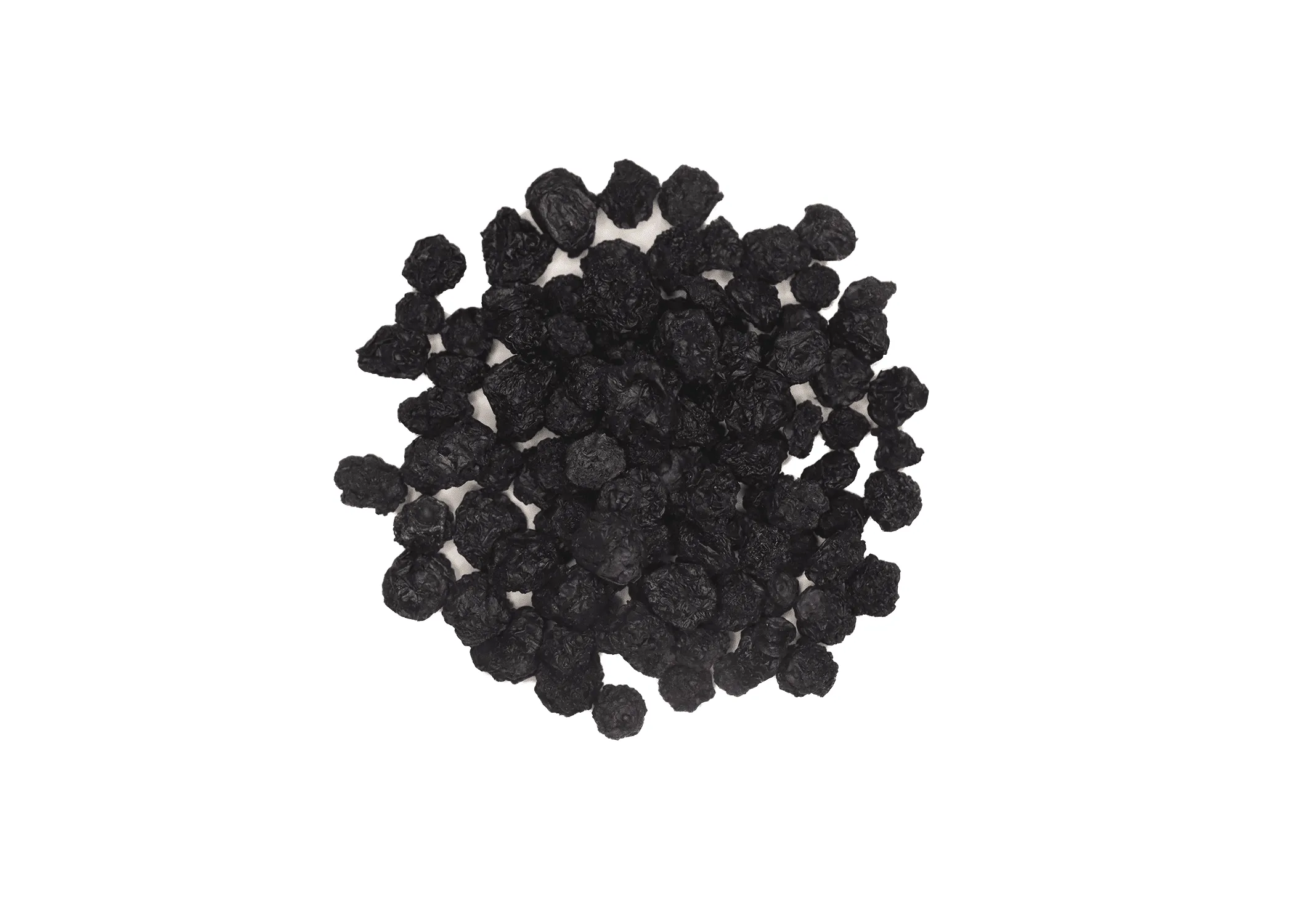 Traina® Dried Fruit Natural Dried Blueberries, No Added Sugar, whole - small pile of dried fruit on white background.