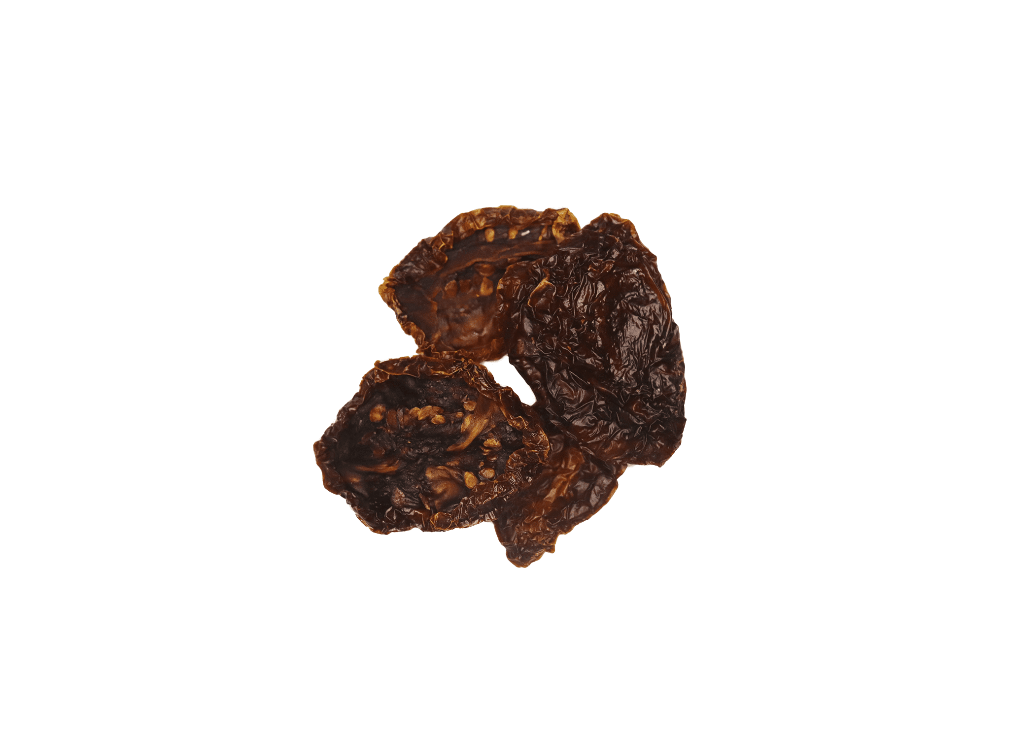 Traina® Dried Fruit Organic California Sun Dried Tomato halves - small pile of sun dried tomatoes on white background.