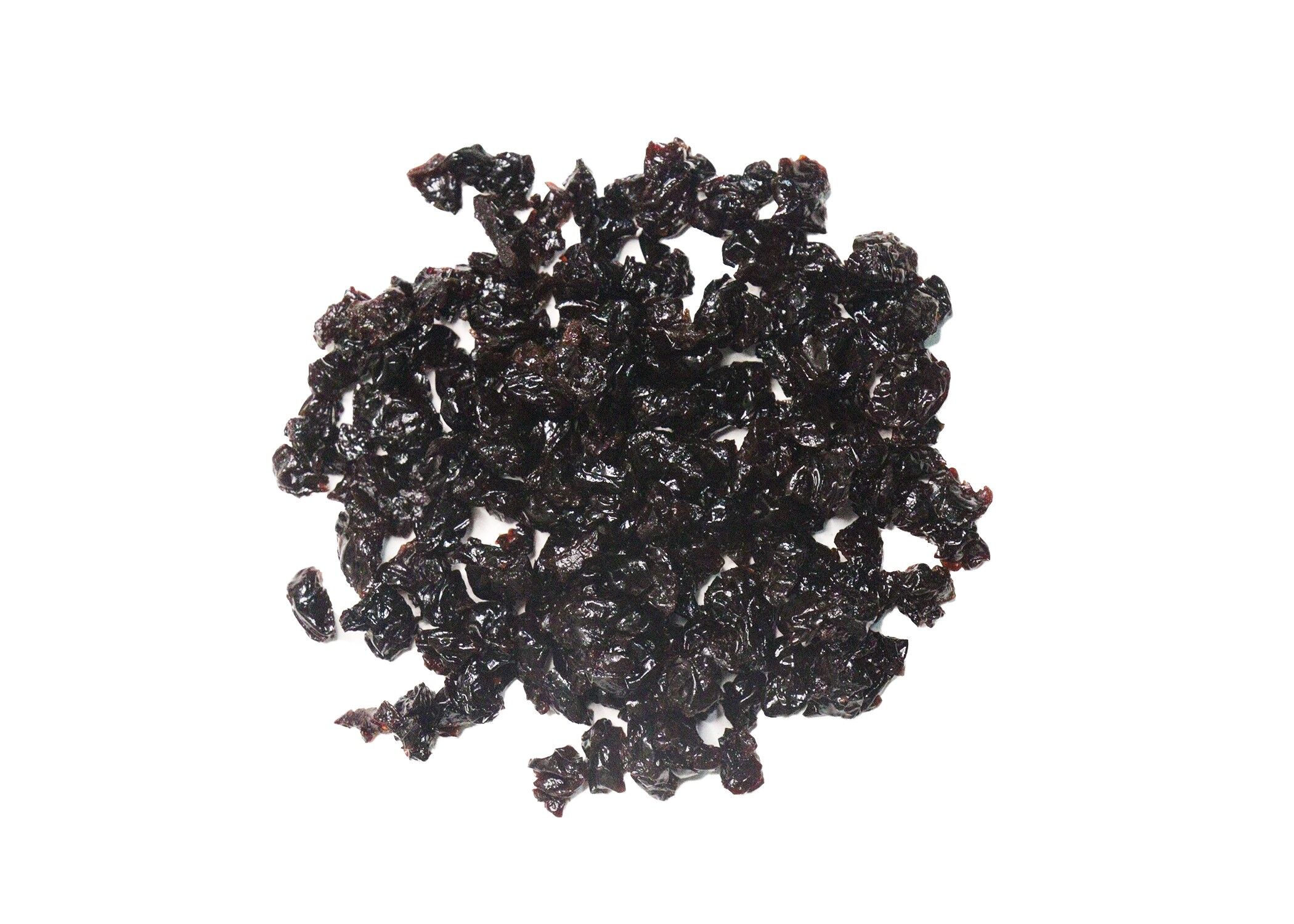Traina® Dried Tart Sweetened Cherries, diced - small pile of sun dried fruit on white background.