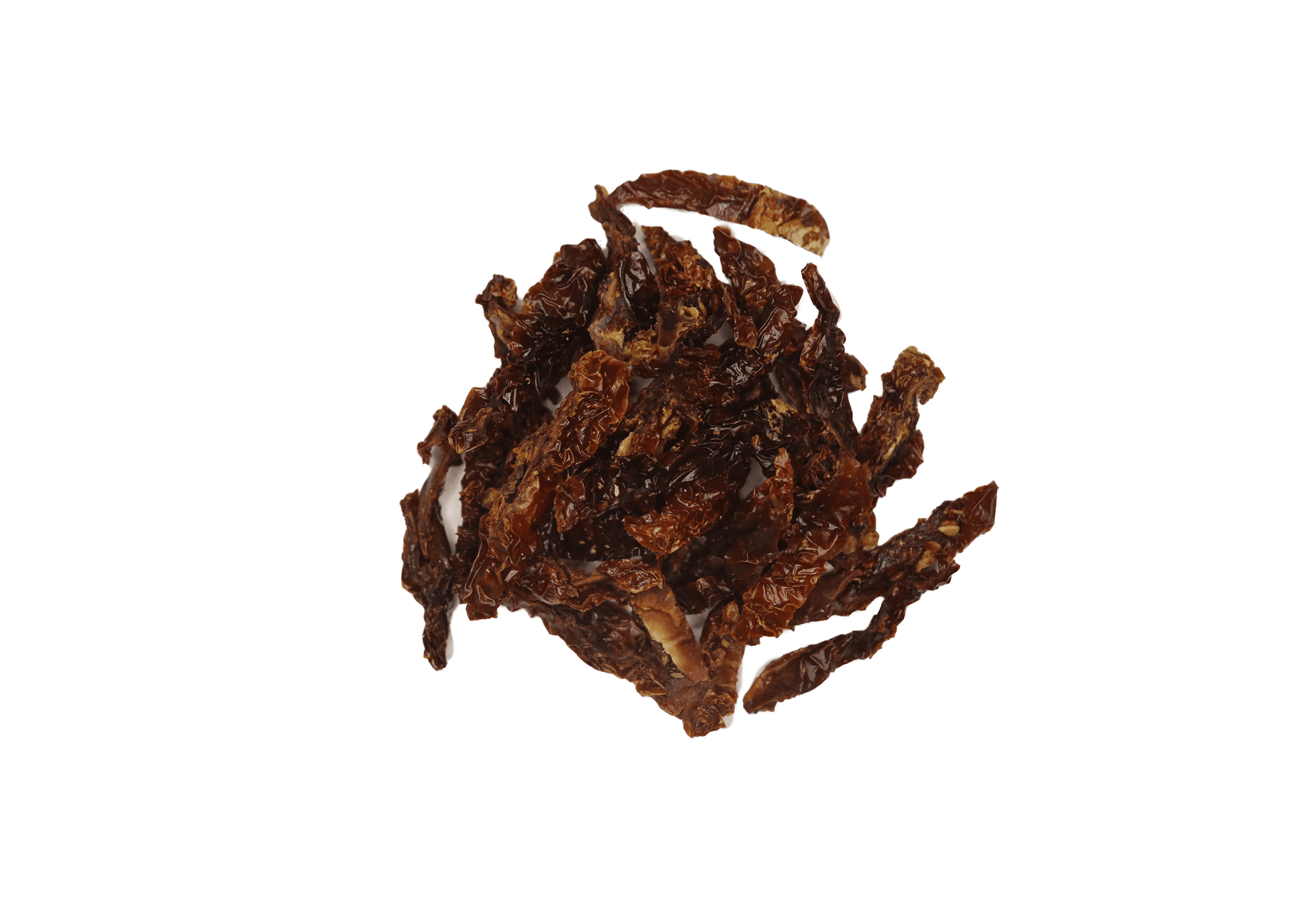 Traina® Organic California Sun Dried Tomatoes, julienne cut - small pile of sun dried tomatoes on white background.