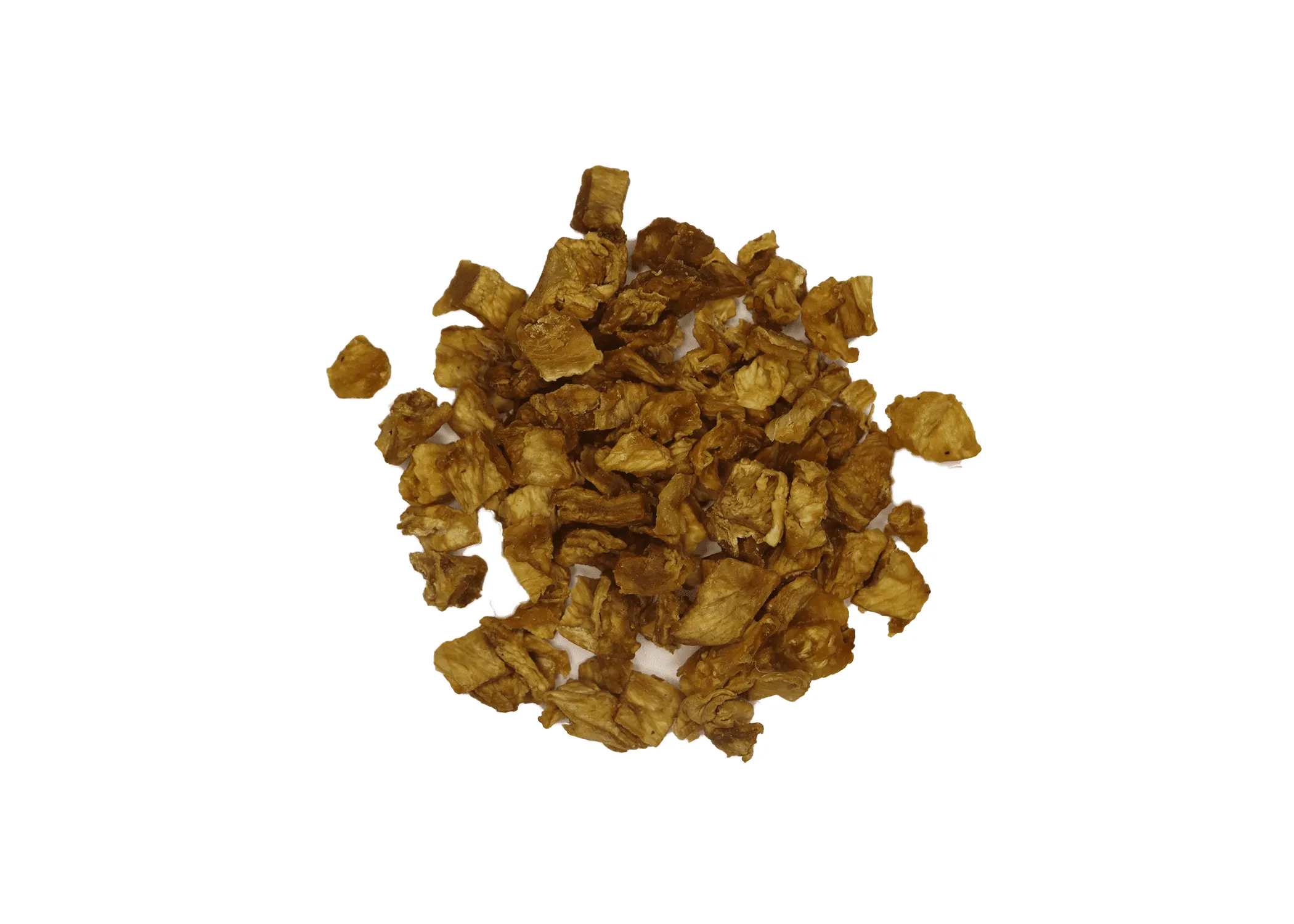 Traina® Natural Dried Pineapple, double-diced - small pile of dried fruit on white background.