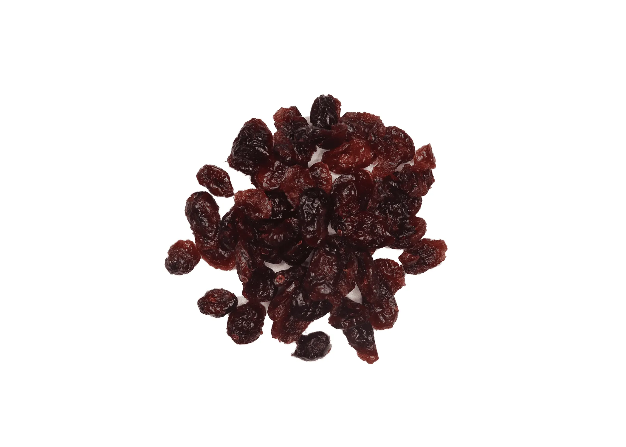 Traina® Dried Fruit Organic Dried Cranberries, Sweetened , whole- small pile of dried fruit on white background.