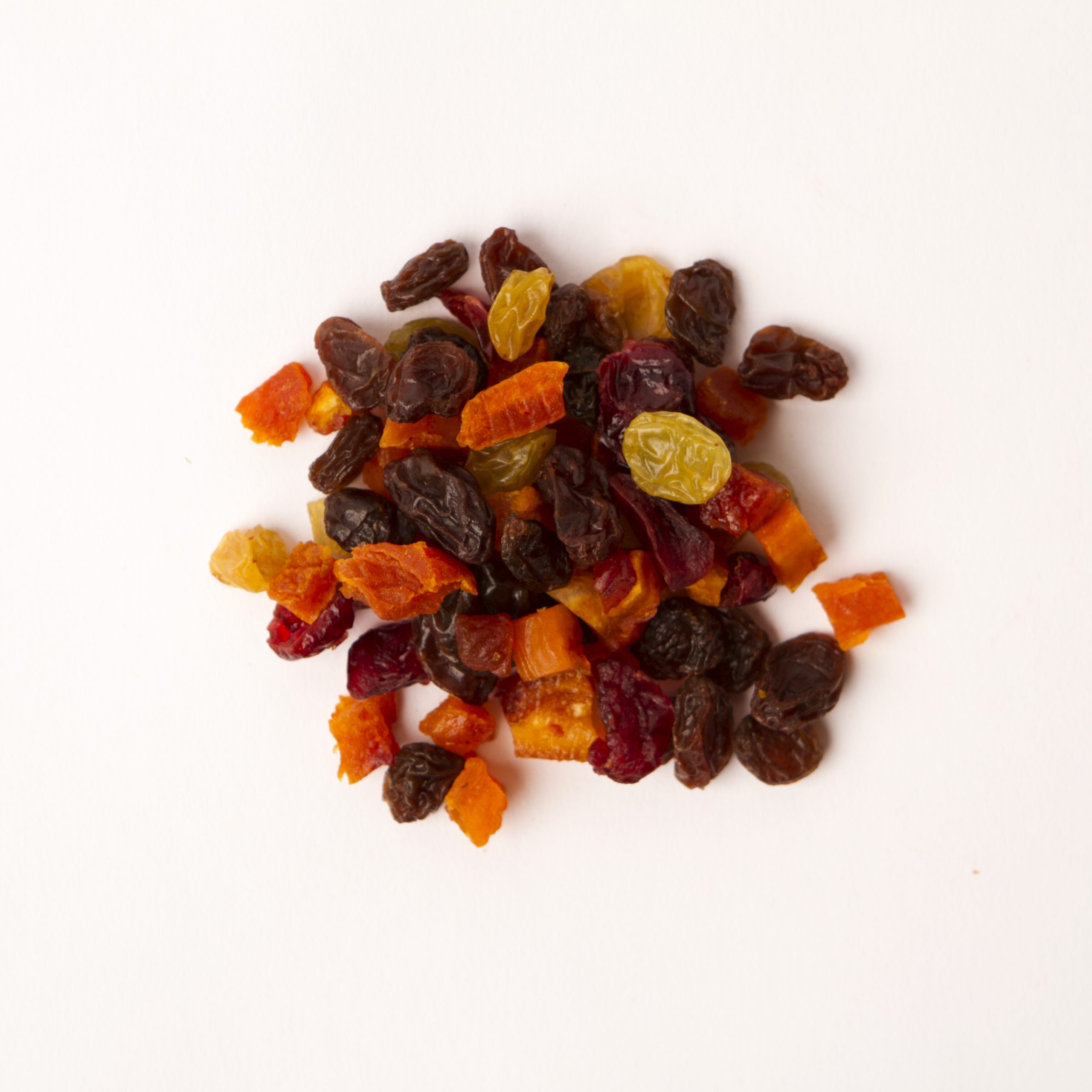 Traina® Baker's Fruit Medley - small pile of mixed dried fruit on white background.