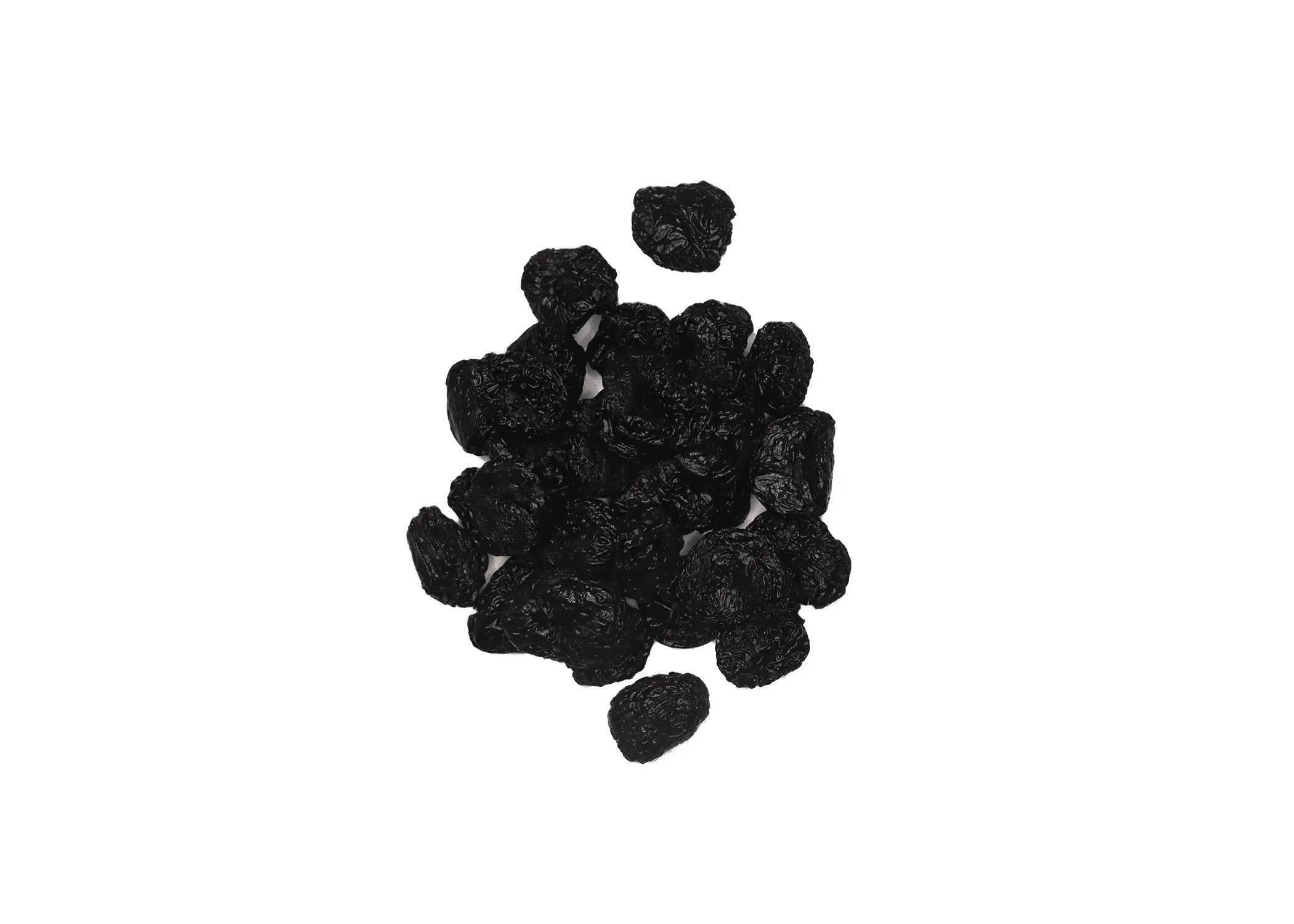 Traina® Organic California Sun Dried Bing Cherries, pitted, whole - small pile of sun dried fruit on white background.
