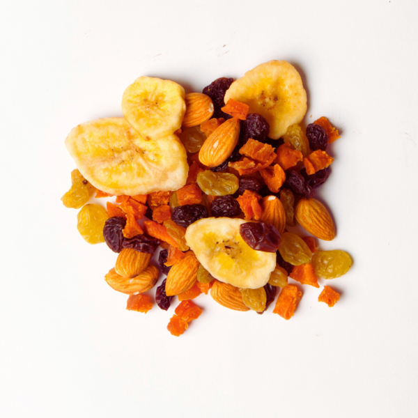 Traina® California Trail Mix - small pile of mixed dried fruit on white background.