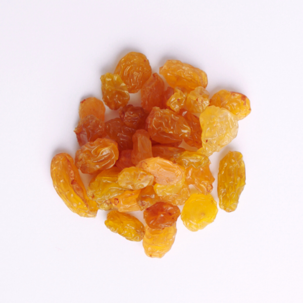 Traina® California Golden Raisins whole - small pile of dried fruit on white background