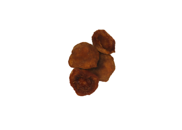Traina® Organic California Sun Dried Apricots, halves - small pile of sun dried fruit on white background.