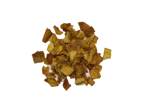 Traina® Natural Dried Mango, No Added Sugar, diced - small pile of dried fruit on white background.