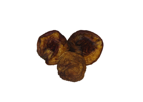 Traina® Natural California Sun Dried Peaches, halves - small pile of sun dried fruit on white background.