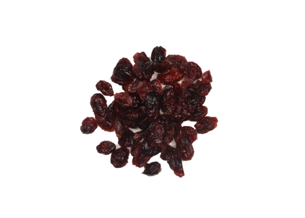 Traina® Organic Dried Cranberries, Sweetened - small pile of dried fruit on white background.